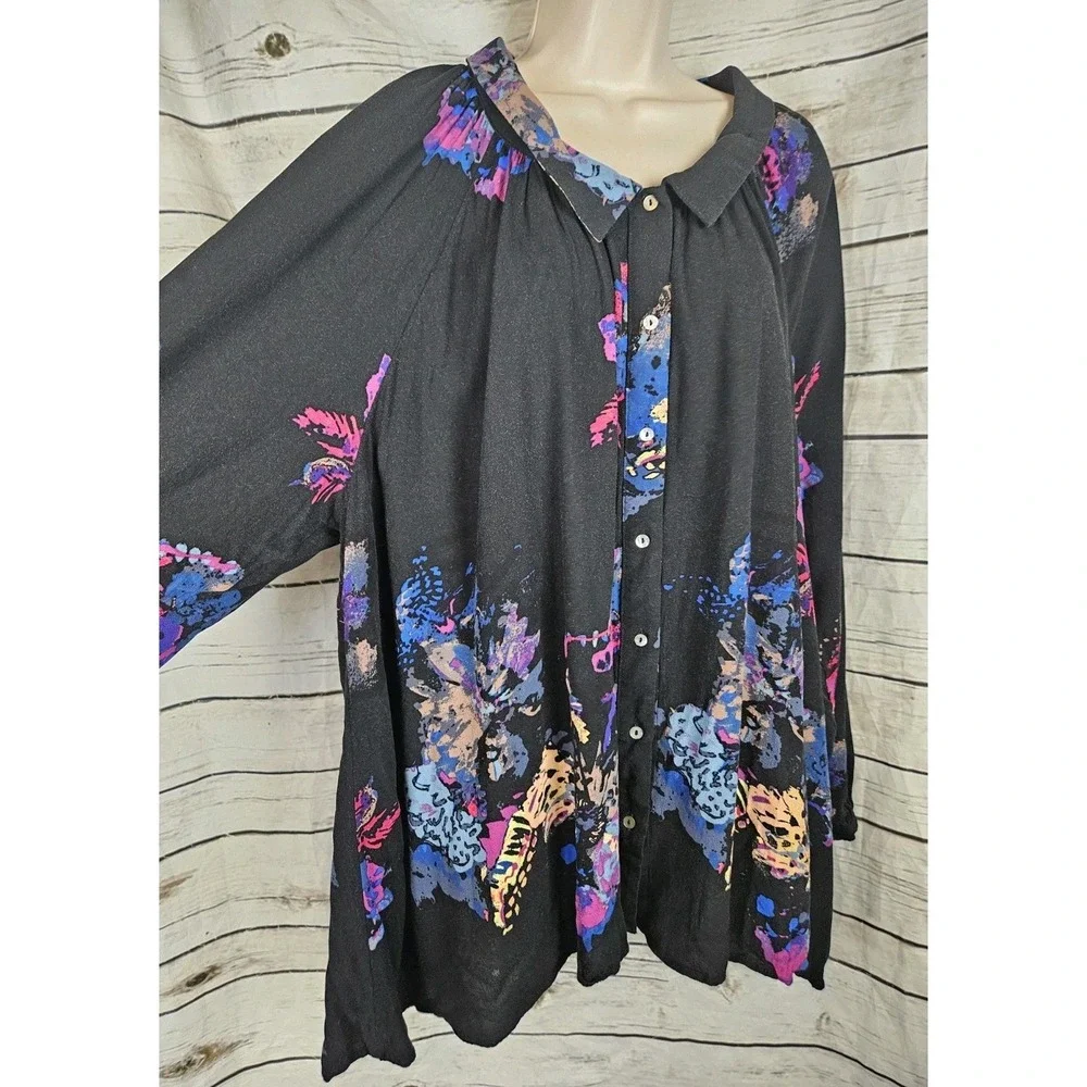 Free People Black Floral Butterflies Swing Tunic Top L Boho Whimsical Mini Dress